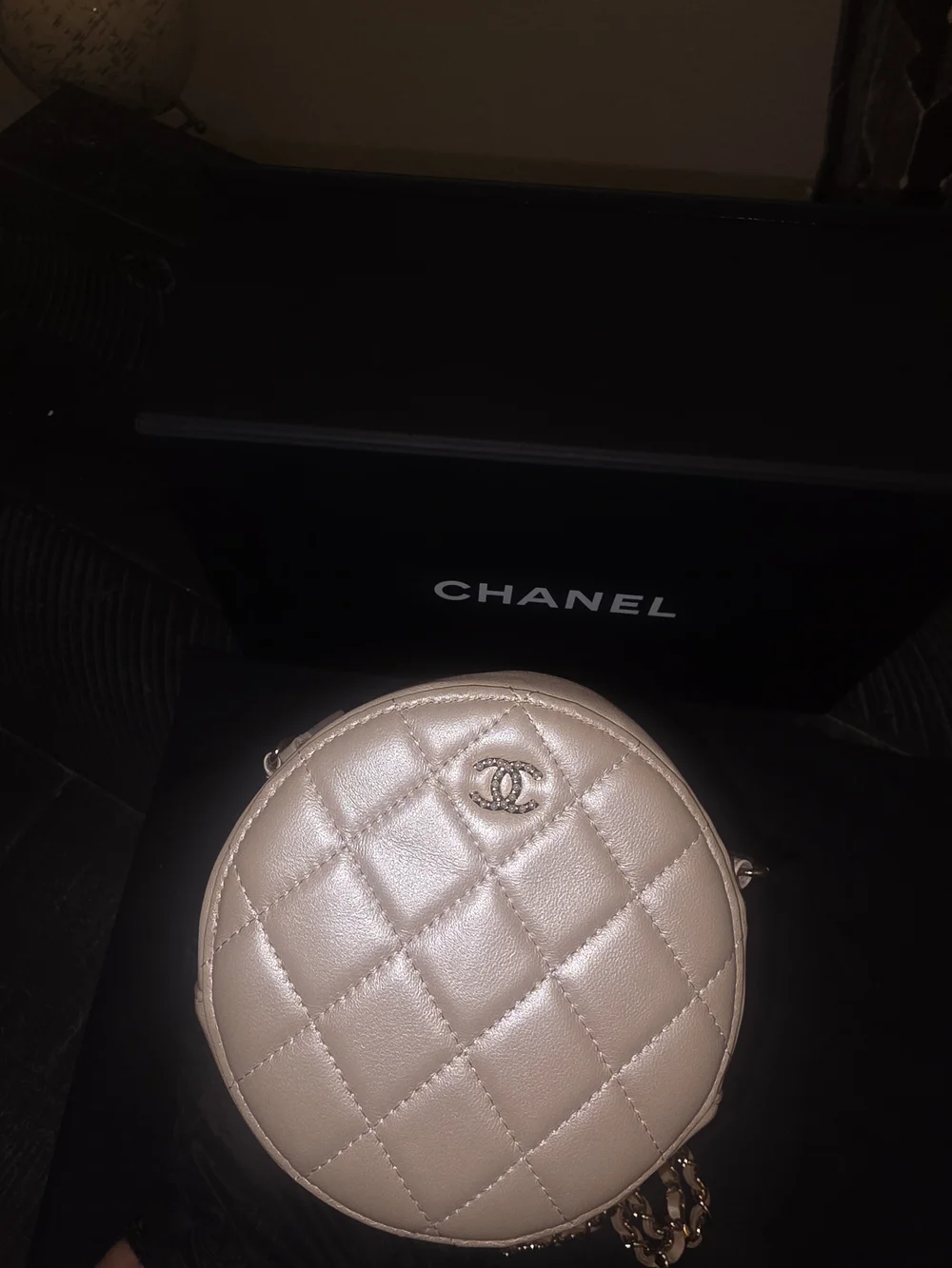 CHANEL Beige Iridescent Calfskin Quilted Round Pearl Chain Crossbody Bag